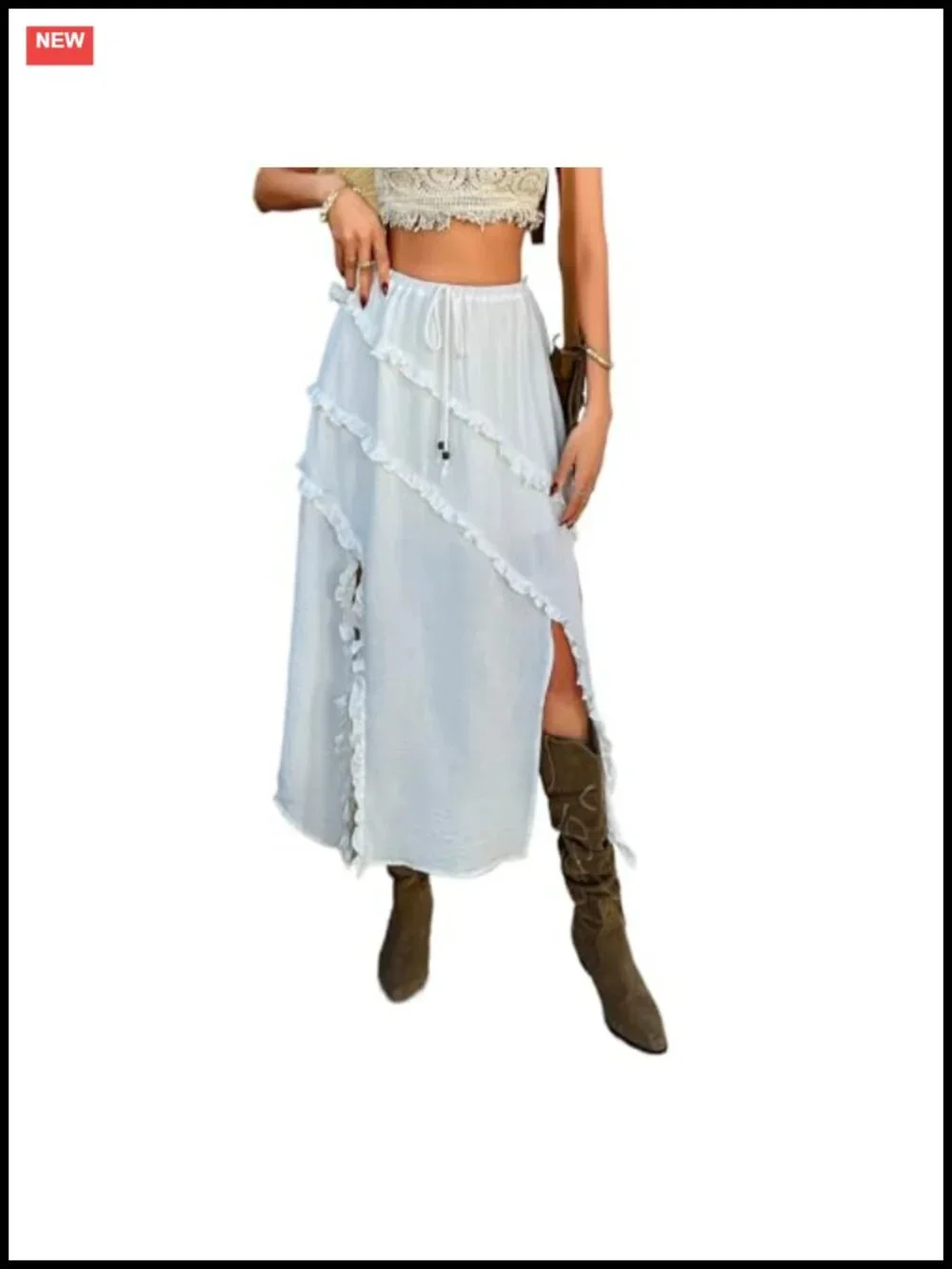 Women's High Waist Split Ruffle Midi Skirt Y2K Boho Drawstring Flow
